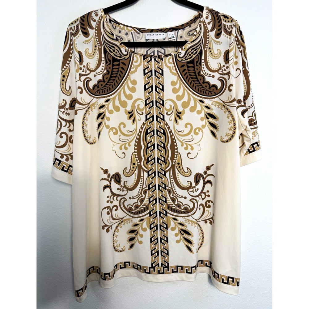 Susan Graver XL Cream/Brown/Black Paisley Knit Tunic Blouse 3/4 Sleeve